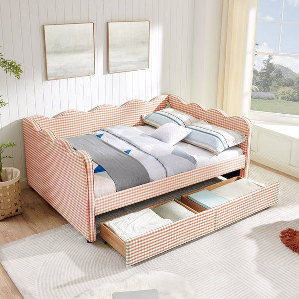 English Elm Full Size Gingham Linen Daybed with Wave Backrest Trundle and Usb Charging Port Pink W1413S00146