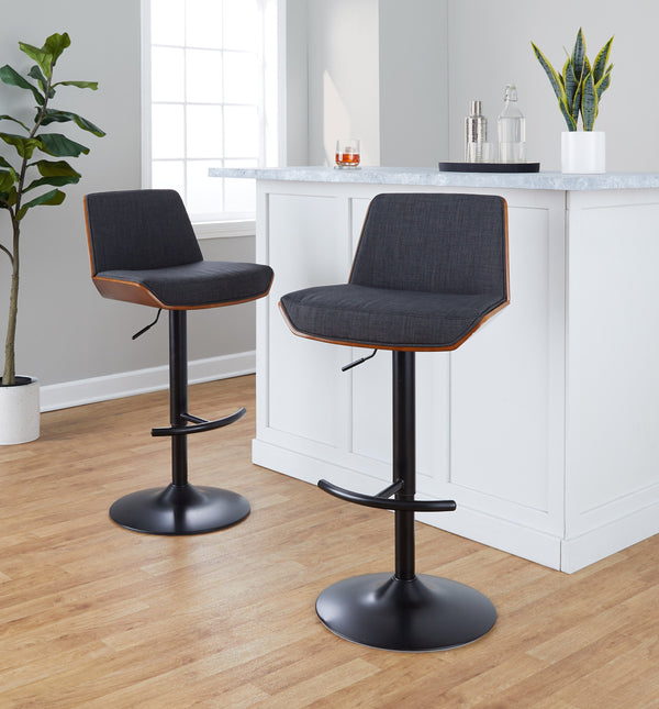 English Elm Adjustable Swivel Barstools Mid Century Walnut Accents Charcoal Seat Set of Two B202S02172