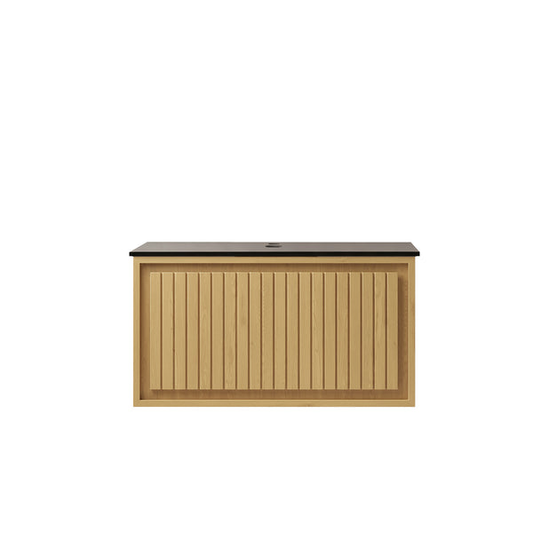 English Elm Kolas Floating Bathroom Vanity Oak Woodgrain Plywood Cabinet Black Sintered Stone Top W2615P279360