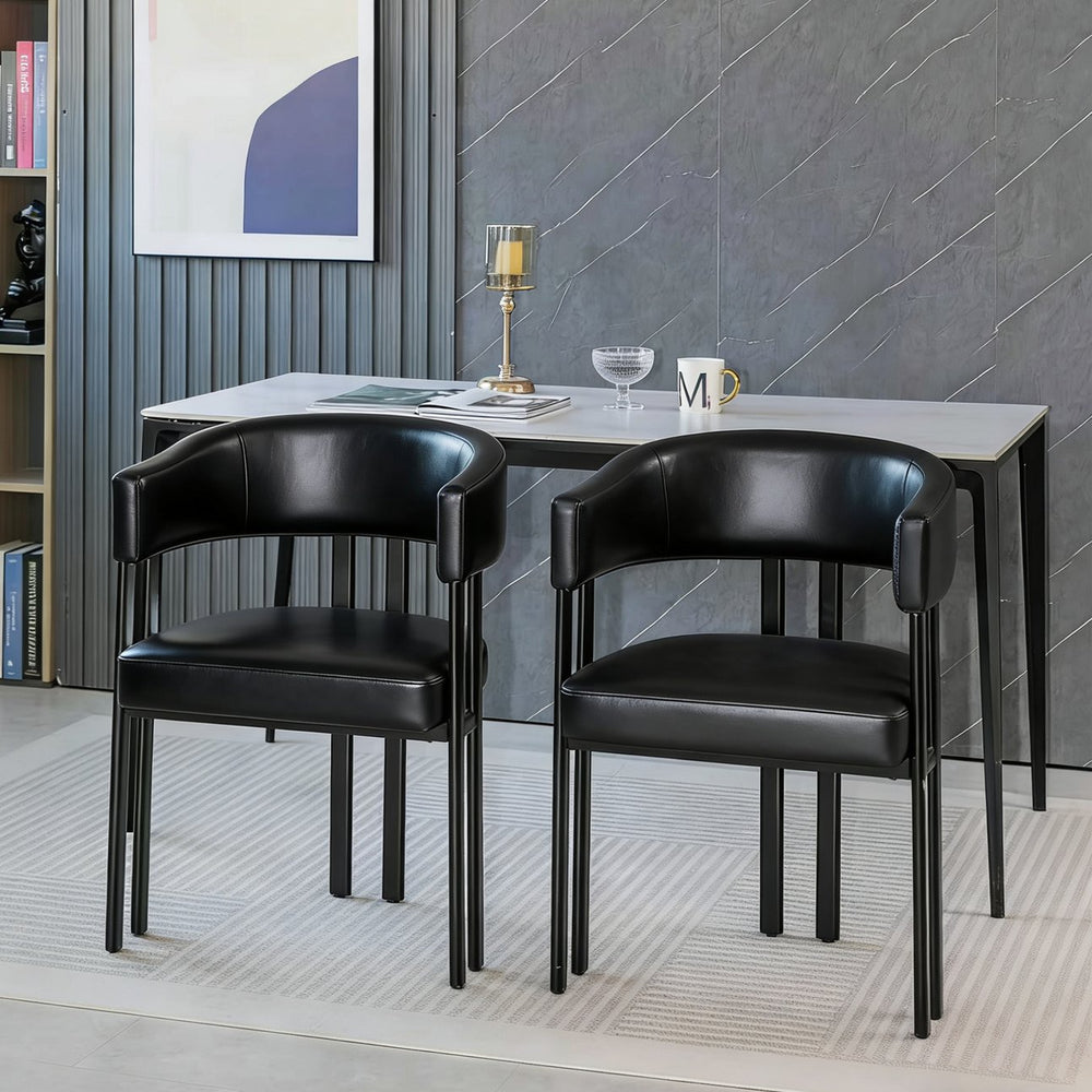 English Elm Modern Barrel Dining Chairs Set of 2 Faux Leather Wraparound Seat Metal Frame Black W3394P444217
