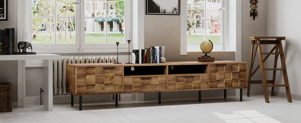 English Elm Mid retro TV Stand for TVs up to 85" — Medieval-inspired media console with 2 drawers, 4 cabinets, cable management Natural N710P193724P