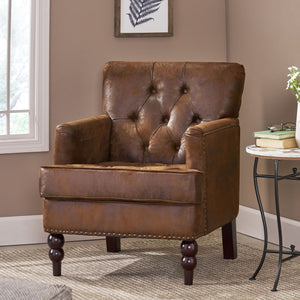 English Elm Brown Microfiber Club Chair with Tufted Back Nailhead Trim and Rubberwood Legs N758P438153B