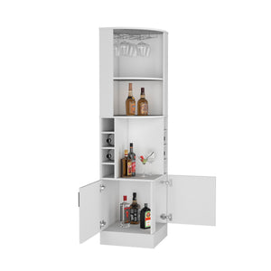 English Elm Kava Corner Bar Cabinet White with Glass Rack & Double Doors, 8-Bottle Built-In Wine Storage and MDF B200S00423