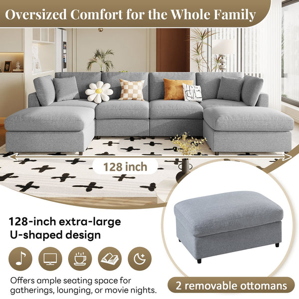 English Elm U_style Six Seat Chenille U Shaped Sectional Modular Sofa with Movable Ottomans Grey WY000474AAE