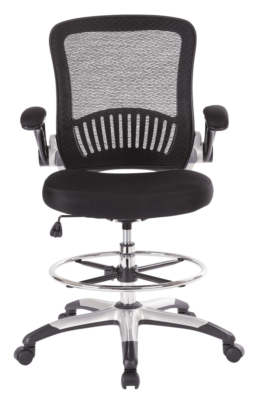 OSP Home Furnishings Mesh Back Ergonomic Drafting Chair with Lumbar Support Padded Flip up Arms Studio Use DCY69006-3M