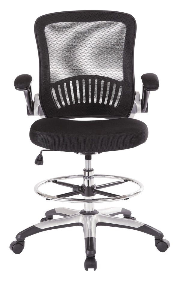OSP Home Furnishings Mesh Back Ergonomic Drafting Chair with Lumbar Support Padded Flip up Arms Studio Use DCY69006-3M