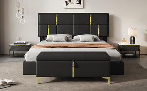 English Elm 2-pieces Queen Platform Bed Set Pu Upholstered Hydraulic Storage with Gold Accent Ottoman N733S362242B