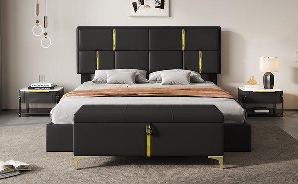 English Elm 2-pieces Queen Platform Bed Set Pu Upholstered Hydraulic Storage with Gold Accent Ottoman N733S362242B