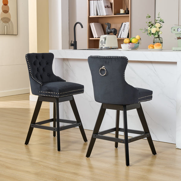 English Elm Swivel Velvet Barstool with Tufted Back, 360° Swivel, Plush Foam & Steel Spring Seat, Sturdy Wood Frame (Set of 2) Black W1143P241332