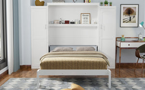 English Elm Queen Murphy Bed with 2 Wardrobes & Foldable Platform, Space-Saving White Queen Bedframe 650lbs N733S339767K