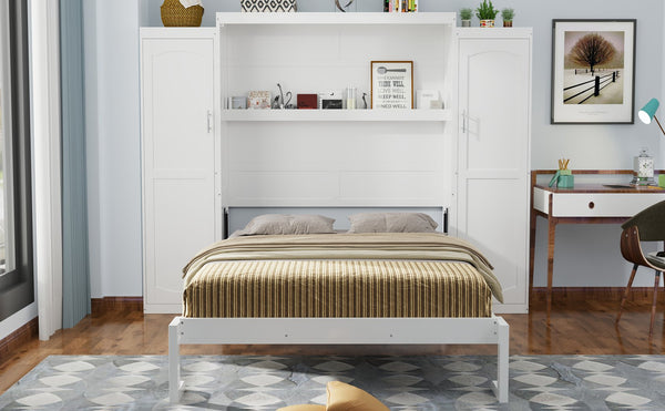 English Elm Queen Murphy Bed with 2 Wardrobes & Foldable Platform, Space-Saving White Queen Bedframe 650lbs N733S339767K