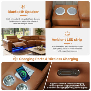 English Elm Power Reclining Sectional with Bluetooth Audio Led Lighting and Wireless Charging Tech Leather Brown W3795S00019