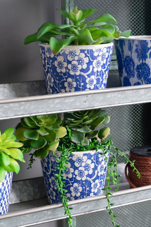 English Elm Set of 4 Terracotta Planters Distressed Blue White Glaze Antique Ceramic Style W2078P495142
