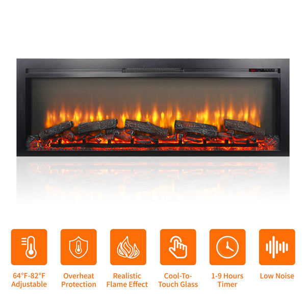 English Elm 54 Inch Recessed Electric Fireplace with Led Flame Display and Remote for Living Rooms W1769P415223