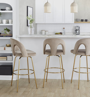 English Elm Fixed-height Swivel Barstools with Gold Footrest Black Frame White Upholstery Set Taupe B202S01883