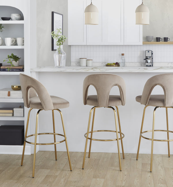 English Elm Fixed-height Swivel Barstools with Gold Footrest Black Frame White Upholstery Set Taupe B202S01883