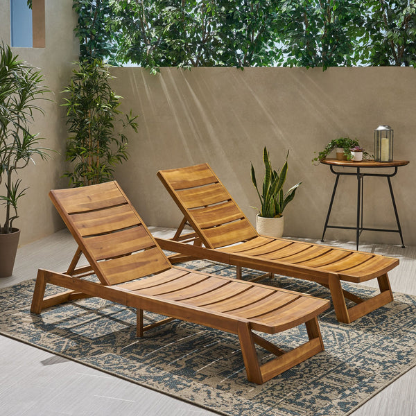 English Elm Maki Outdoor Acacia Hardwood Chaise Lounge Set Teak Wash Iron Accents Resort Style 70998.00