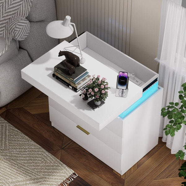 English Elm Nightstand with Built-in Charging Station Rgb Led Lighting and Sliding Top Drawer White W1162P246395
