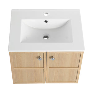 English Elm 24" Modern Wall Vanity with Ceramic Sink, Oak Plywood Cabinet, 2 Soft-Close Doors, Handles Included W1972S00021