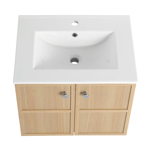 English Elm 24" Modern Wall Vanity with Ceramic Sink, Oak Plywood Cabinet, 2 Soft-Close Doors, Handles Included W1972S00021