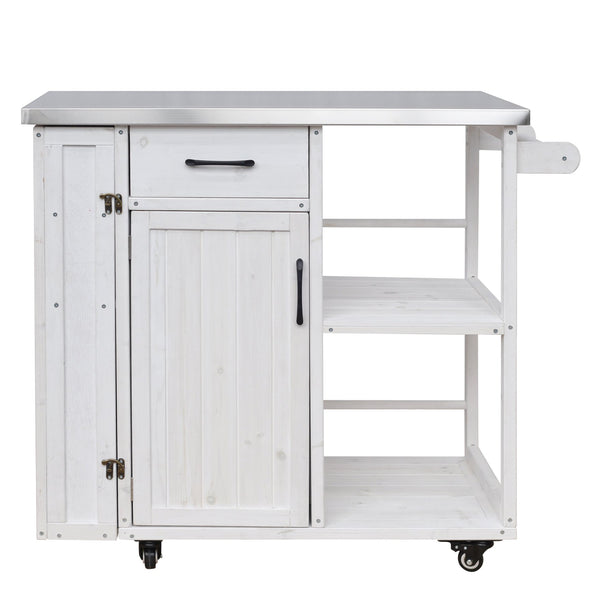 English Elm Foldable Outdoor Kitchen Cart with Stainless Worktop Fir Wood Frame and Lockable Wheels White N719P380278K