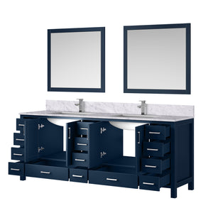 English Elm Navy Double Bath Vanity 84" W x 22" D with Carrara Marble Top, Chrome Faucet, 34" Mirrors, Durable Countertop B2731S01067