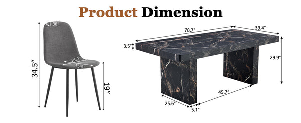 English Elm Table and Chair Set 7 Piece Marble Pattern Mdf Top with Linen Dining Seats Black,Dark Gray W1151S03917