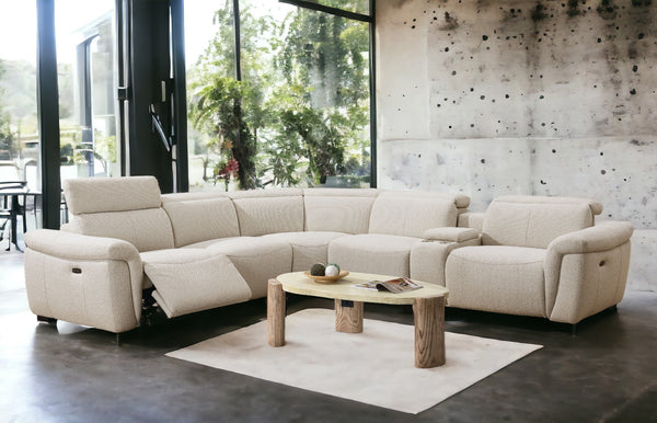 English Elm Dayana Beige Boucle Power Recliner Sectional Sofa for 5 with Dual Power Recliners, Cupholders, Storage, Adjustable Headrests, Cozy D27 Foam B2726S00119