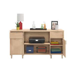English Elm Credenza, Maple finish—65" durable engineered wood storage with 2 drawers, adjustable shelves, cord management B356P354456