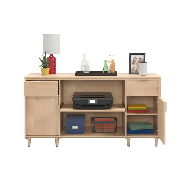 English Elm Credenza, Maple finish—65" durable engineered wood storage with 2 drawers, adjustable shelves, cord management B356P354456