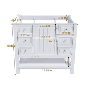 English Elm 36-inch white bathroom vanity without sink — solid wood frame, 1 cabinet, 3 drawers, quiet hardware, shelf W509P347341
