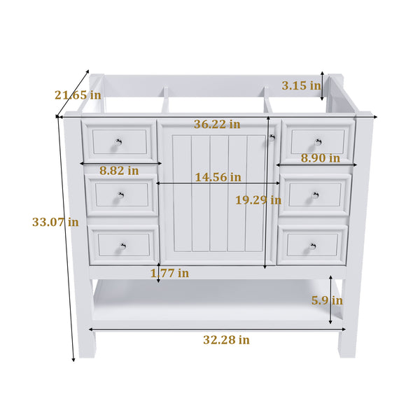 English Elm 36-inch white bathroom vanity without sink — solid wood frame, 1 cabinet, 3 drawers, quiet hardware, shelf W509P347341