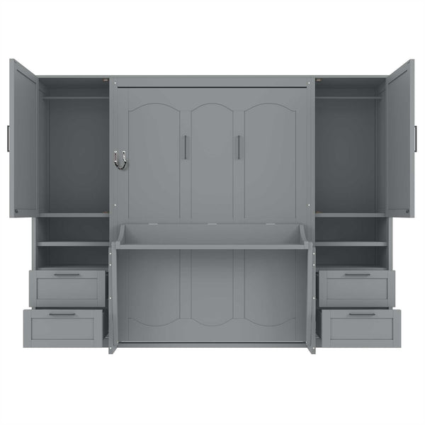 English Elm Full Size Murphy Wall Bed with Wardrobe Drawers and Shelves for Studio Spaces LP000908AAE