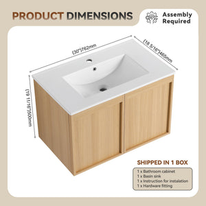 English Elm 30" Floating Bathroom Vanity Dark Oak Cabinet Ceramic Sink Open Shelf Soft Close Glossy White,Light Oak W3450P435844