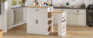 English Elm Extendable Kitchen Island with Storage Drawers Open Shelving and Cabinet in White W1580S00273