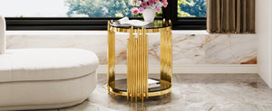 English Elm Modern Round Mirrored Glass End Table with Gold Metal Frame and Lower Display Shelf Black N735P380092B