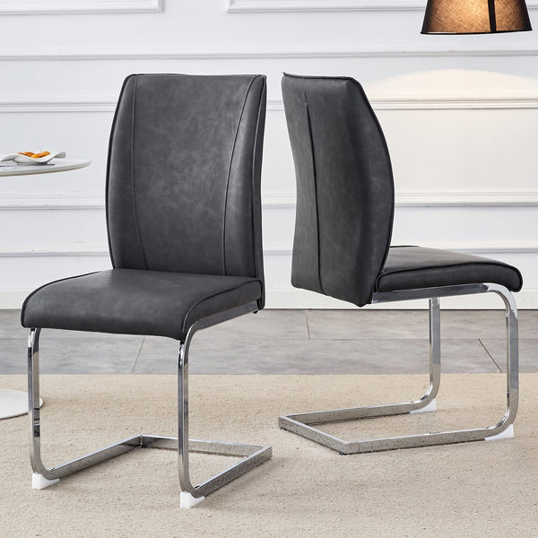 English Elm Luxury Arched Dining Chair Set Of 2 - Dark Gray Pu With Silver Metal Legs For Modern Elegance W1151P154867