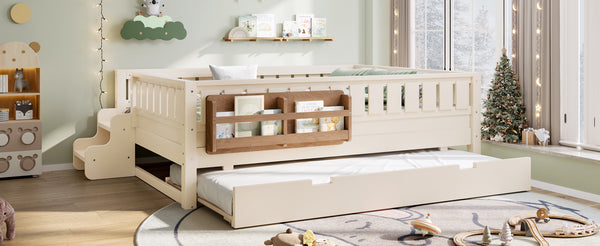 English Elm Twin Kids Platform Bed with Trundle Staircase Bookshelf and Rounded Safety Rails Beige W1580S00559