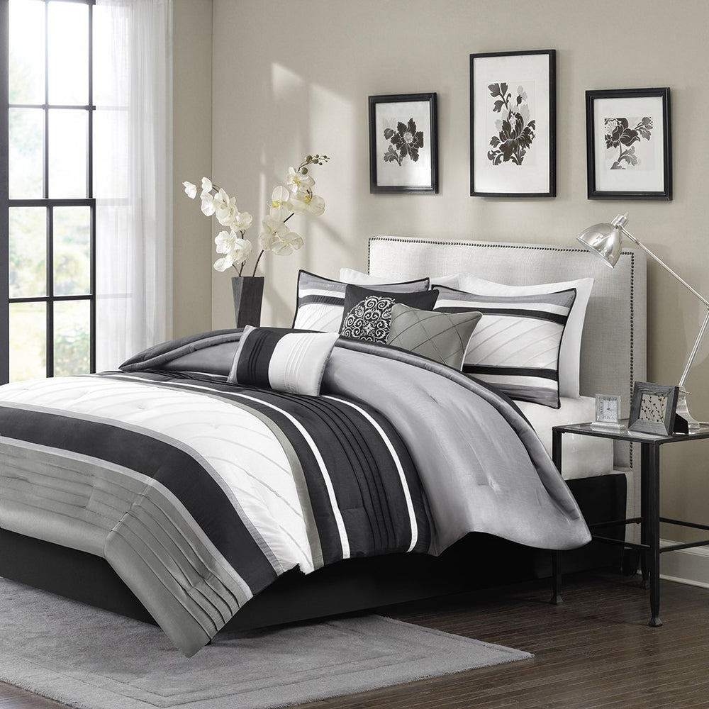 English Elm 7 Piece Comforter Set Blaire Cal King – Luxe Grey Ivory Black Pintuck Faux Silk, Hypoallergenic, Machine Washable B03597298
