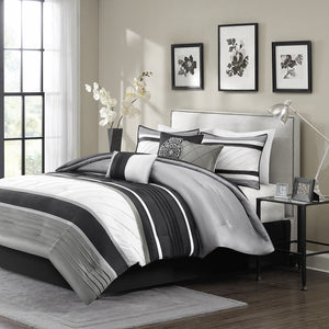 English Elm 7 Piece Comforter Set Blaire Cal King – Luxe Grey Ivory Black Pintuck Faux Silk, Hypoallergenic, Machine Washable B03597298