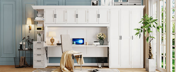 English Elm Twin Murphy Wall Bed with Integrated Desk Wardrobe and Storage Cabinet in White LP000767AAK