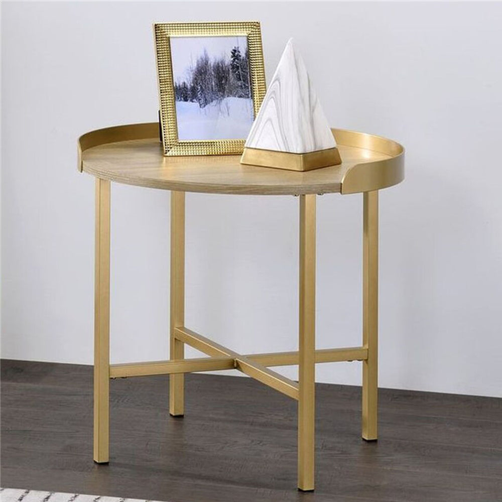 English Elm Round Round End Table with Tray-Style Oak Top and Gold Crossbar Base — Modern, Durable Accent Piece B016P325894