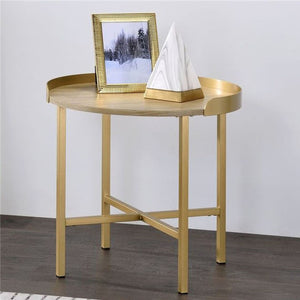 English Elm Round Round End Table with Tray-Style Oak Top and Gold Crossbar Base — Modern, Durable Accent Piece B016P325894