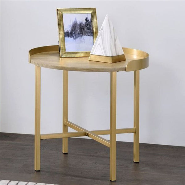 English Elm Round Round End Table with Tray-Style Oak Top and Gold Crossbar Base — Modern, Durable Accent Piece B016P325894