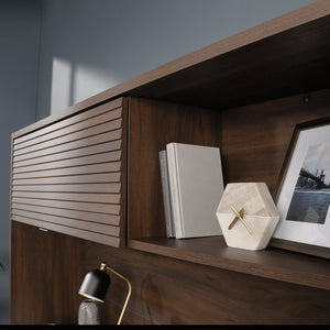 English Elm Hutch, Brown Finish Engineered Wood with Flip-Up Hidden Storage, Cubbyholes & Cord Management (71.75") B356P367776