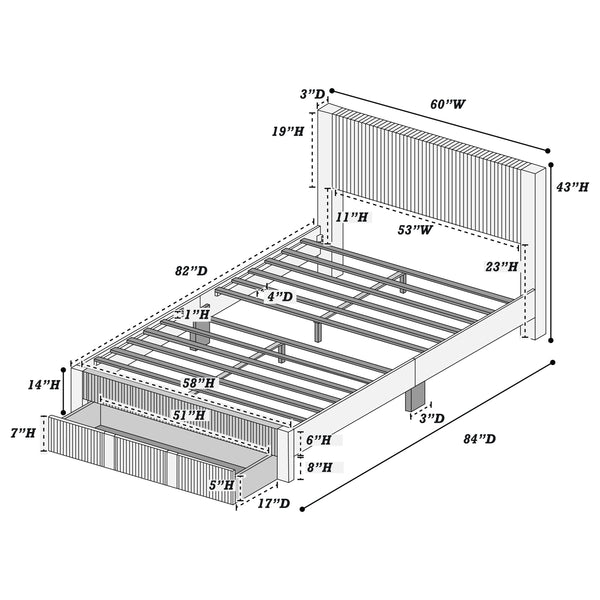 English Elm Queen Corduroy Platform Bed with Plush Headboard, High Footboard, Under-Bed Drawer Storage, Modern Design Pink 8 L x 22 W x 61 H B089P238568
