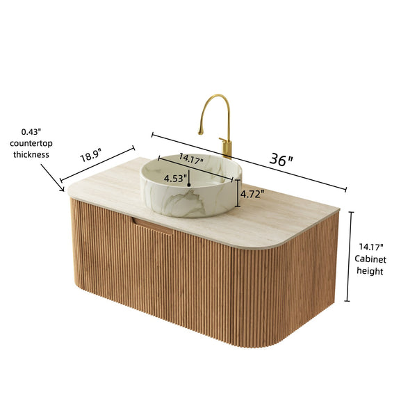 English Elm Dina Floating Bathroom Vanity Sintered Stone Top Glass Basin Striped Plywood Cabinet W2615S00509