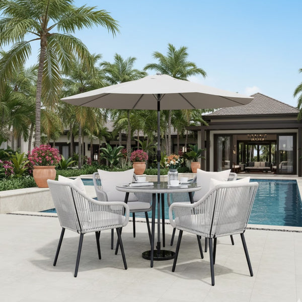 English Elm 5-piece Outdoor Wicker Patio Dining Set with Tempered Glass Table and Umbrella Hole Light Gray B082S00065