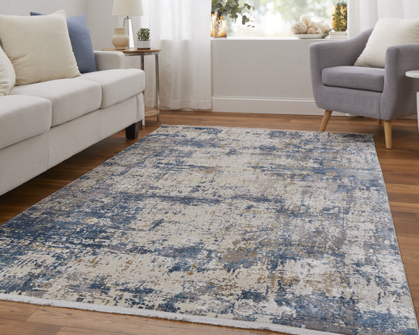 Feizy Rugs Cadiz Abstract Watercolor Area Rug - Luxurious Machine-woven Design Inspired By Spanish Elegance Ivory,Tan,Blue Viscose,Acrylic 8663891fbluivyi89