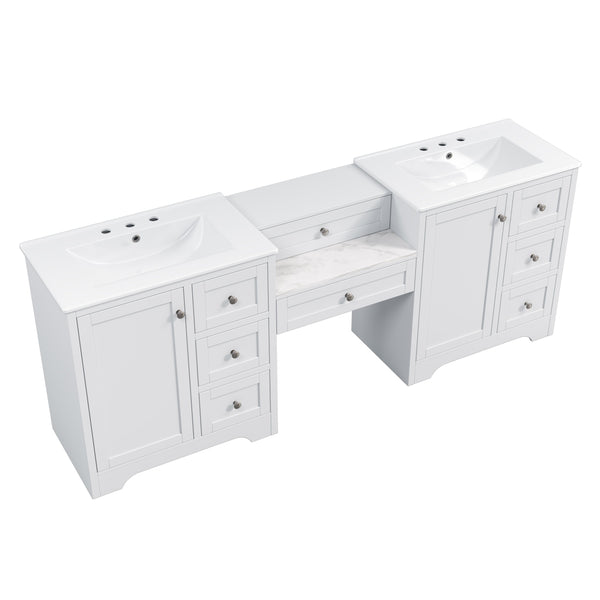 English Elm 84" Double Sink Vanity with Stone Countertop Six Soft Close Drawers and Silver Knobs White N817P404196W